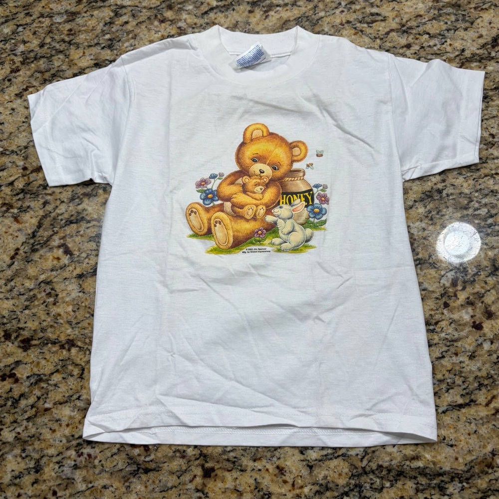 Vintage 2002 Jim Spencer Bear Honey Bunny White T-Shirt Hanes Youth S v